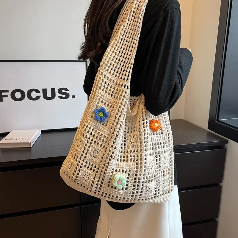 

Плетеная женская сумка большой вместимости, новинка 2023, Летняя ажурная сумка через плечо с особым дизайном, популярная текстурная сумка-мешок