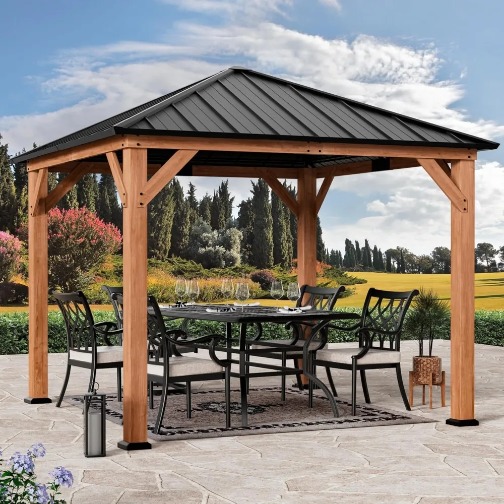 Modern shade tranquil wooded terrace 10' x 10', permanent hardtop BBQ terrace, cedar-framed garden, wooden gazebo in backyard