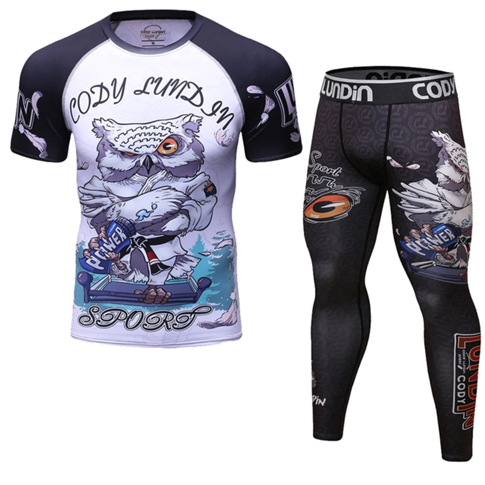 Rash Guard Jiu Jitsu T-shirts+Pants Sets Rashguard For Men Kickboxing Perspiration Gym Training MMA Boxing Kit Muay Thai T-shirt 5