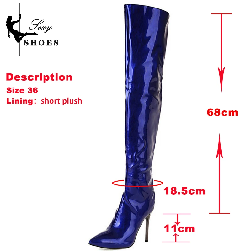 Long Boots for Women Dark Blue Pointed Toe Metal Stiletto Heel Patent Leather Over-the-Knee Female Shoes Large Size Short Plush
