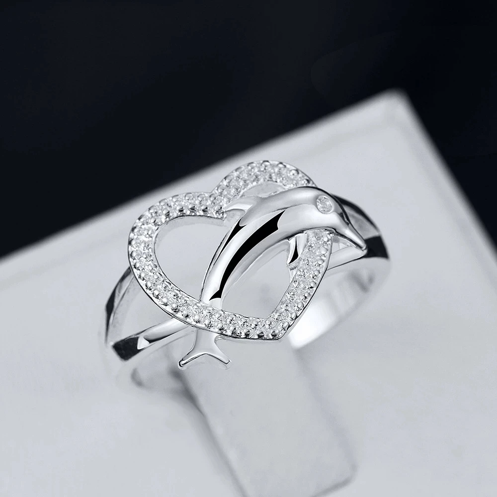 925 Sterling Silver Love Dolphins Heart Rings For Women Couple Gifts Party Wedding Jewelry