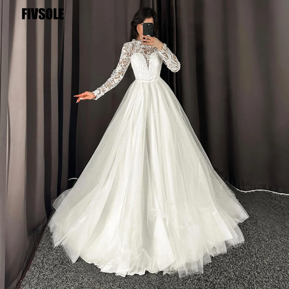 

Fivsole Glitter Tulle Ball Gown Princess Wedding Dress Long Sleeves Belt Robe De Mariee Lace Vestido Branco Vestidos Para Mujer