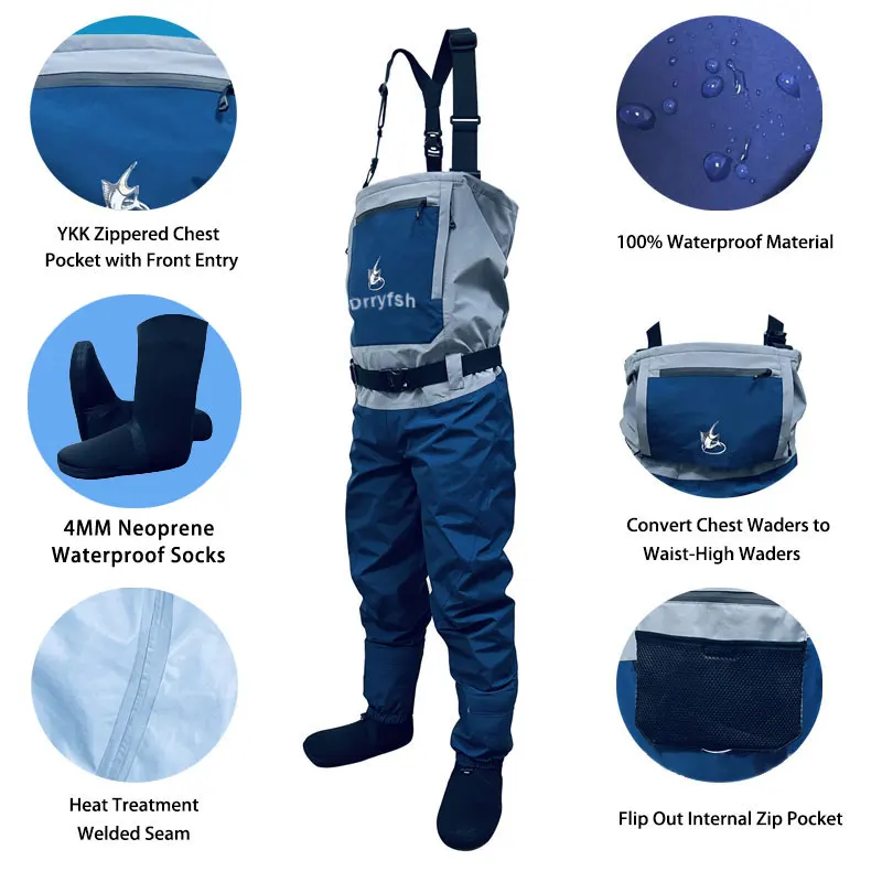 Men Breathable Stockingfoot Chest Waist Convertible Wader Waterproof Wading Pants for Fishing Hunting Kayaking ATV Sport Clothes