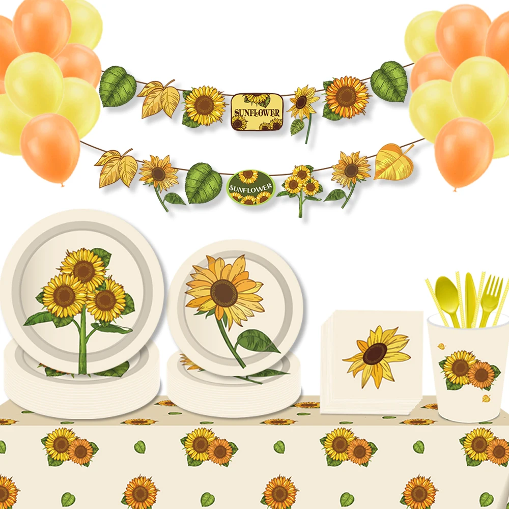 

Spring Flower Sunflower Birthday Party Disposable Tableware Sets Plates Tablecovers Banner Kids Baby Shower Party Decorations