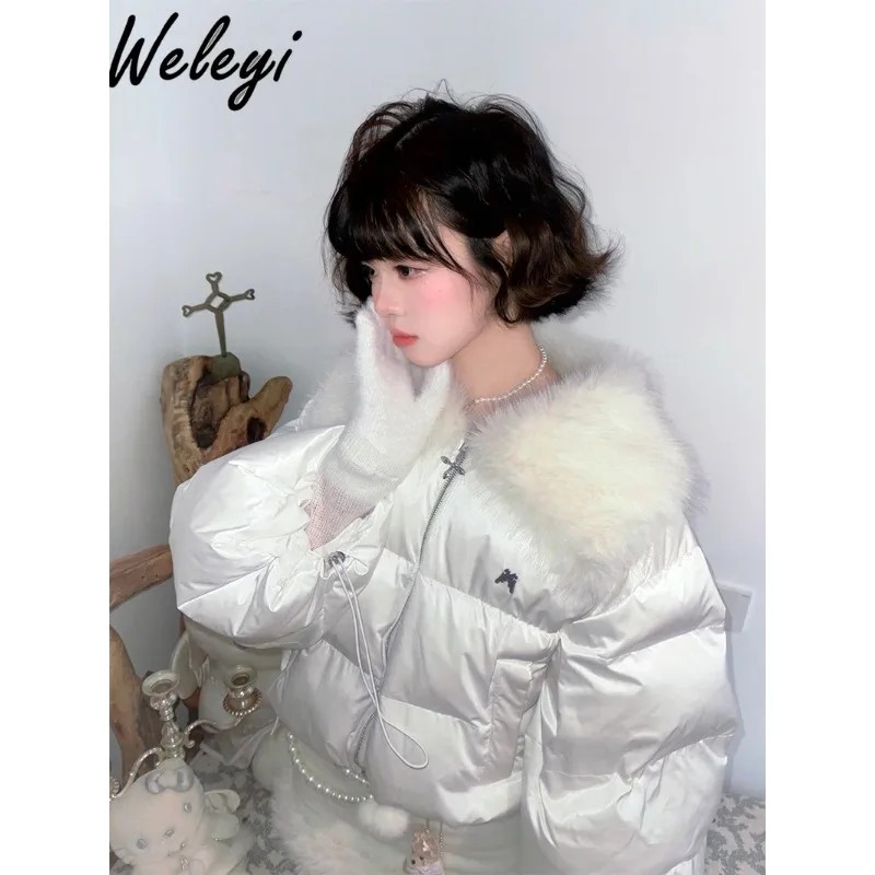 Sweet Women's down Coat 2024 Winter Trumpet Long Sleeve Angel Wings Detachable Short Fur Collar Thick Loose Cotton Padded Coats