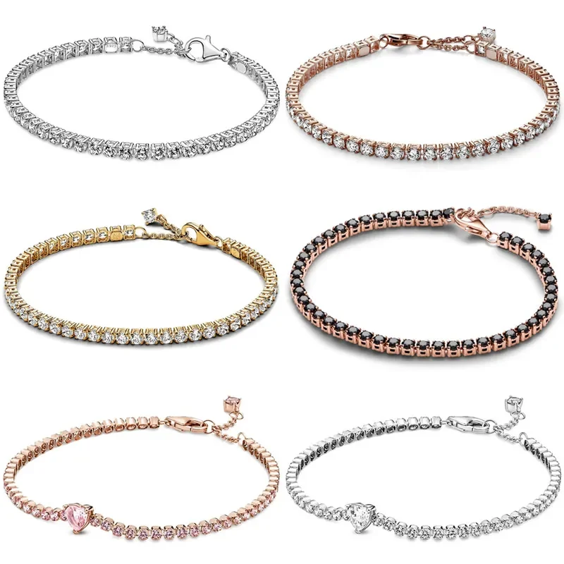 

Black & Clear Pink Heart Sparkling Tennis Bracelet Fit Europe Bangle 925 Sterling Silver Bead Charm Diy Jewelry