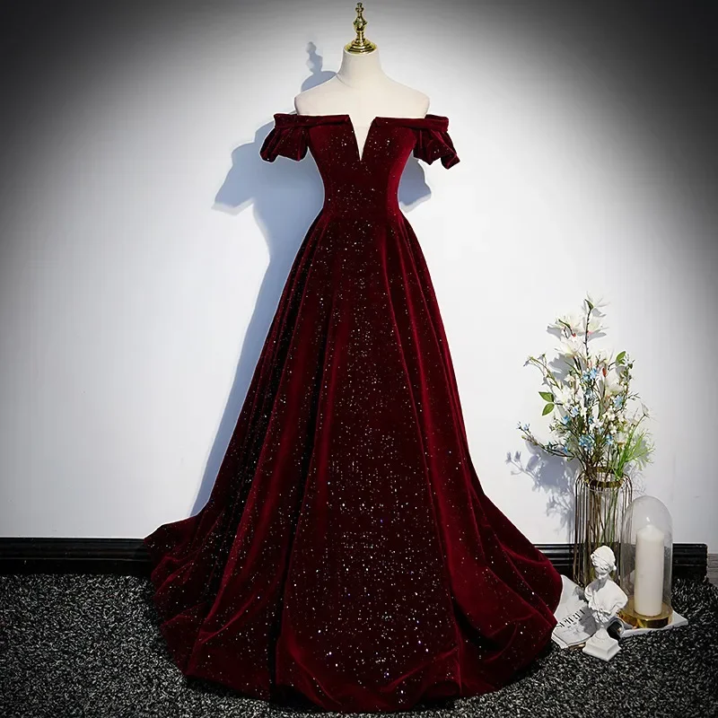 340119-5f96a0.jpg S977d10991e074d6080eac1af91bd85b4s One-shoulder Wine Red Velvet Evening Dress Female Slim Waist Temperament Slim Waist Wedding Party Vestidos Elegant Prom Dresses Mallzona