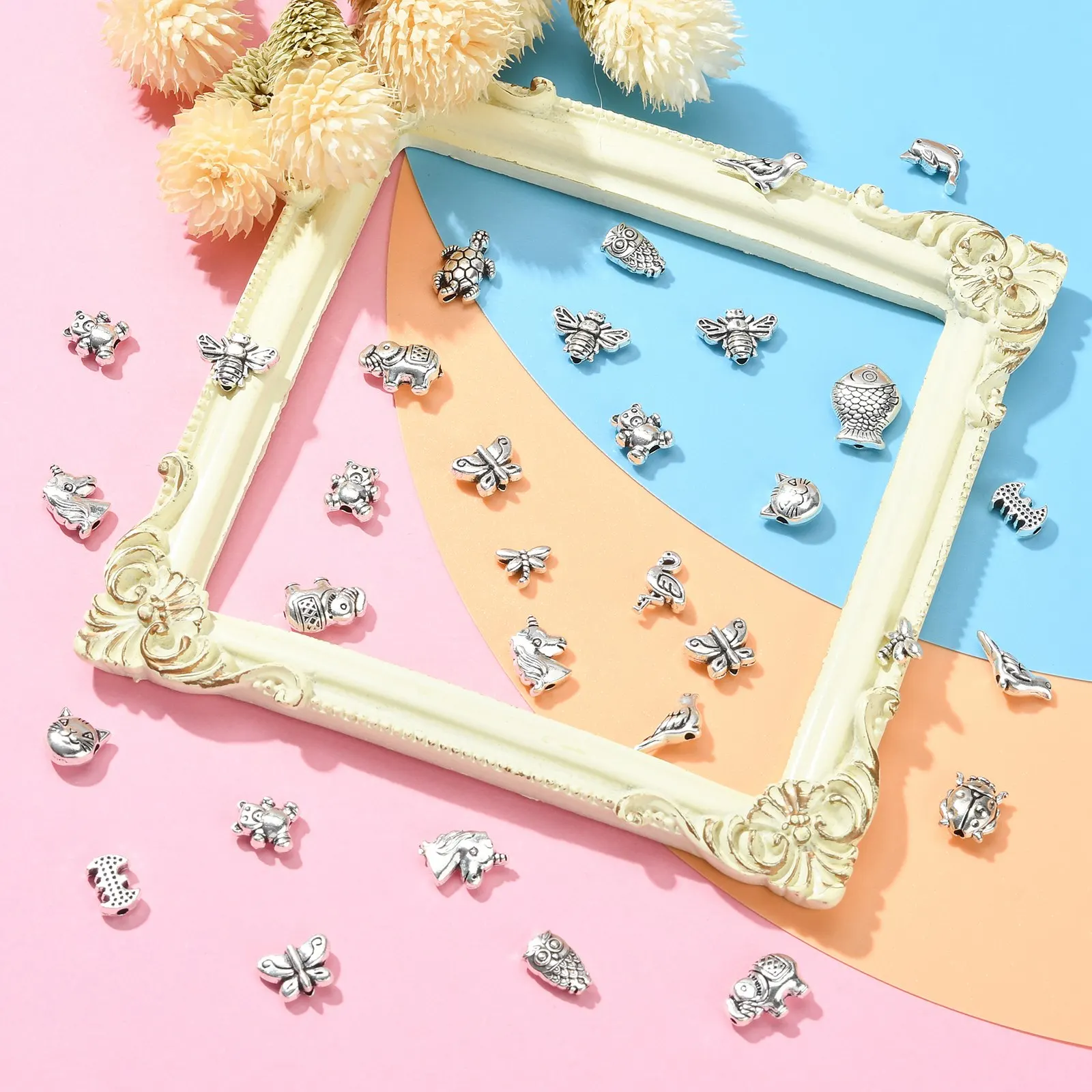 150Pcs Mixed Styles Antique Silver Animal Spacer Beads Tibetan Style Bear Owl Cat Fish Beads for Bracelet Jewelry Craft Making