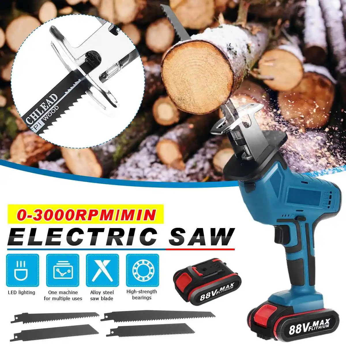 

3000W Cordless Reciprocating Saw 88VF Variable Speed Chainsaw Wood Metal PVC Pipe Cutting Reciprocating Saw Power Tools