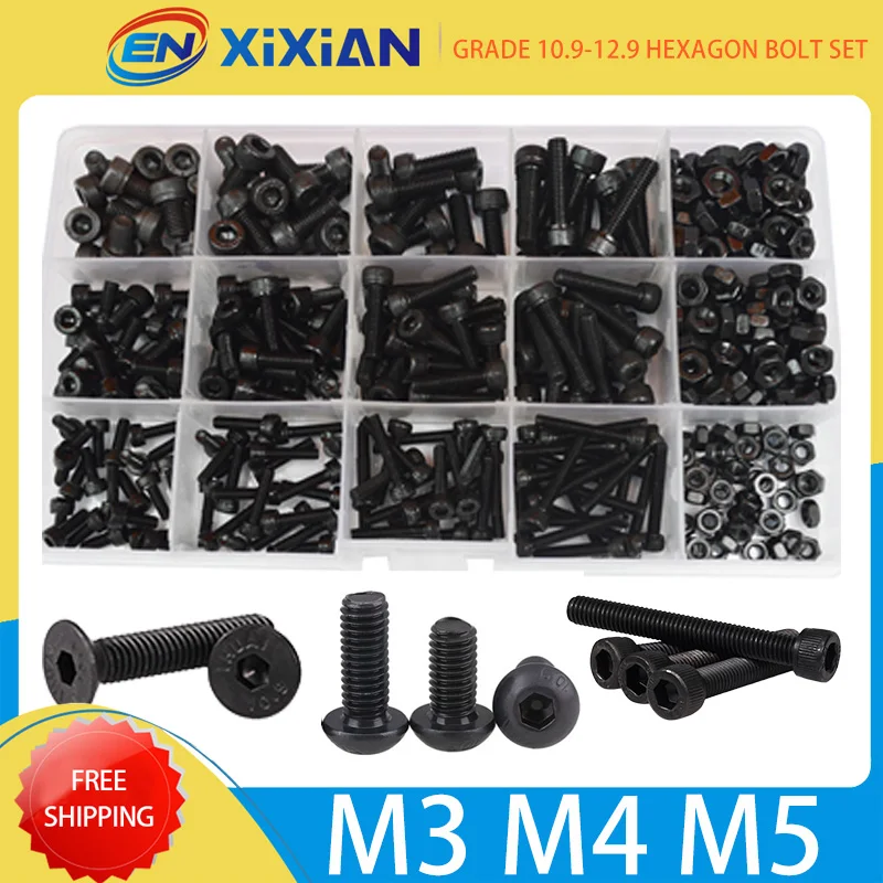 Countersunk Hex Alloy Steel Bolts10.9 Grade Hexagon Socket Cap Button Head Machine Grade 12.9 Screws Nuts Kit Bolt Set M3 M4 M5