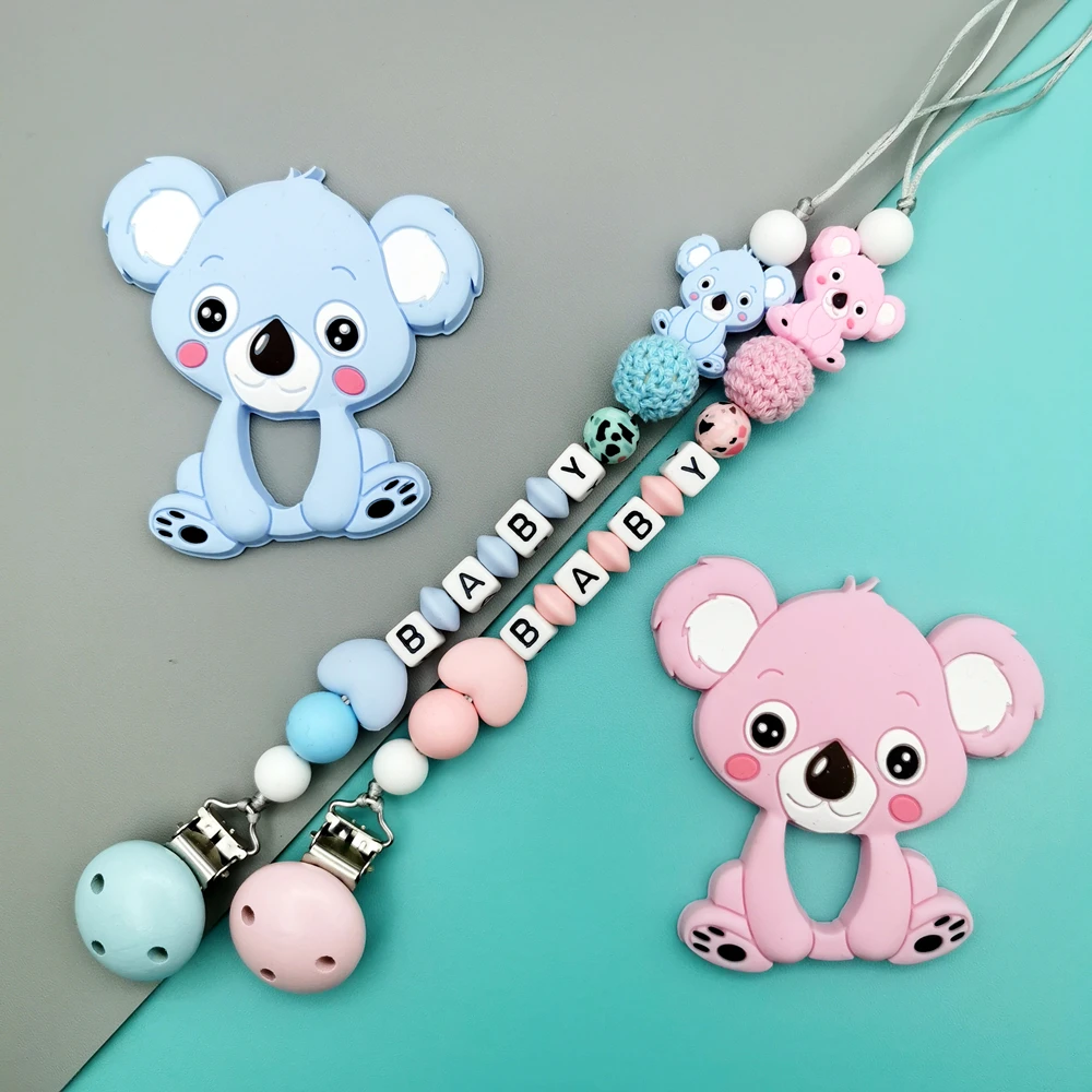 Custom English Russian Letter Name Silicone Koala Pacifier Clips Chains Teether Pendant for Baby Chewing Pacifier Kawaii Teether chenkai 10pcs silicone butterfly teether diy baby shower pacifier dummy teether jewelry sensory chewing toy candy color