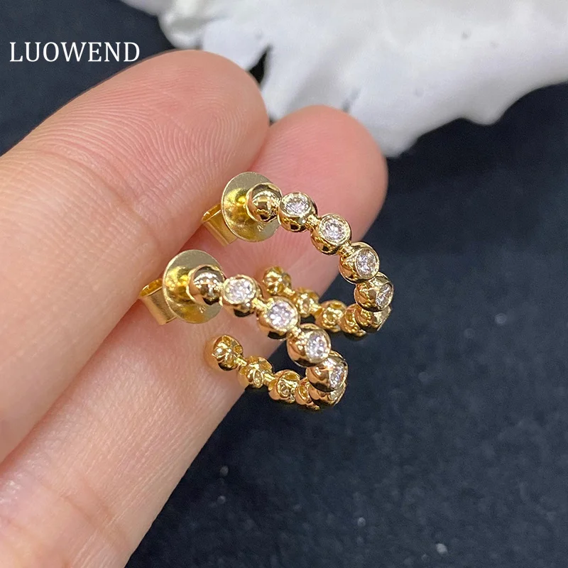 

LUOWEND 18K White and Yellow Gold Earrings Fashion Twisted Edge Design Real Natural Diamond Stud Earrings for Women Wedding