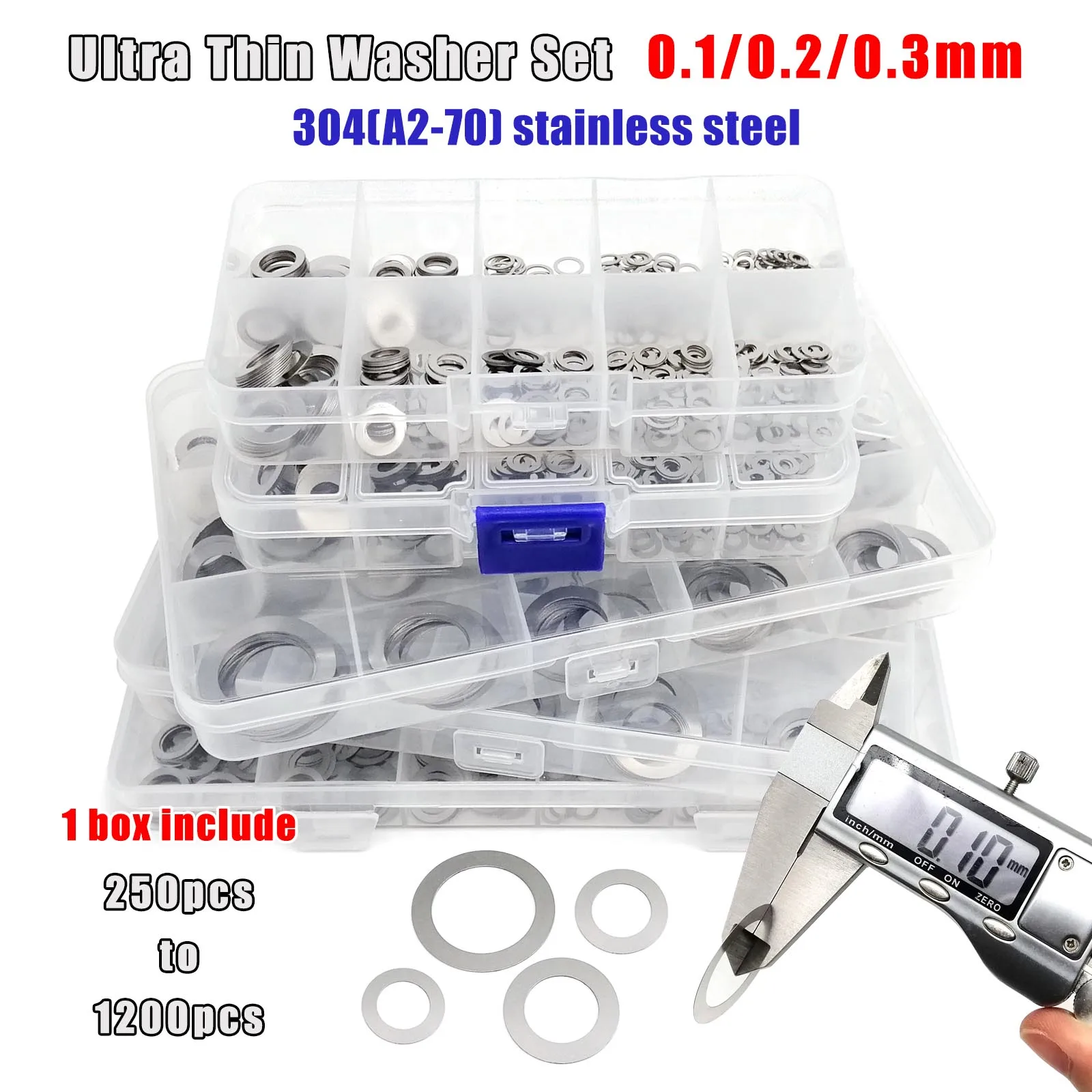 Washer gasket set 1 Box Ultra Thin Adjusting Shim Washer Mix Sizes 0.1mm 0.2mm 0.3mm M3 to M20 Ultrathin Flat Gasket Kit Set 304 Stainless Steel