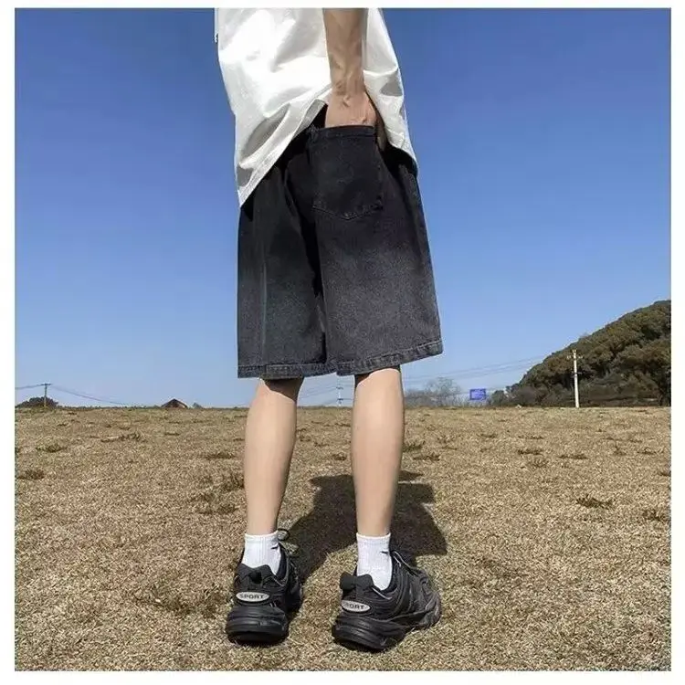 Retro Gradient Webbing Denim Shorts Men's Summer Thin Trend Loose Outwear Casual Five Points Pants Soft