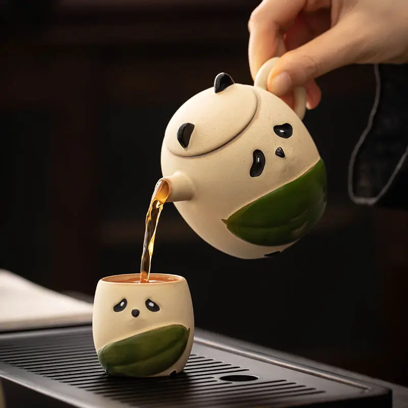 Panda Tea Cup Hand-painted Internet Celebrity Rough Kiln Set Ceramic Ge Kiln Cups Gift Tea Pot Gift Box with Hand