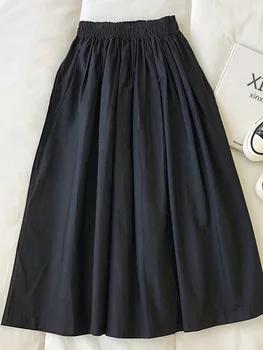 2025 New Casual Elegant High Waist A Line Skirts Women Solid Color Long Skirt Fashion Pockets Pleated Knee Length Skirts Autumn 1