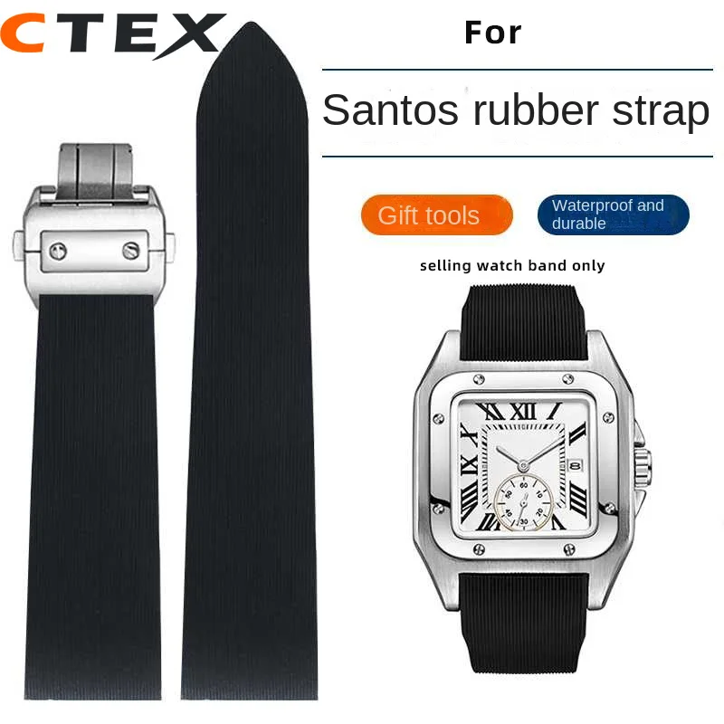 Orologio In Gomma Siliconica Da 25Mm Con Morbido Impermeabile E Resistente Al Sudore Per Cartier Santos 100 W2020007 Nero Da Uomo
