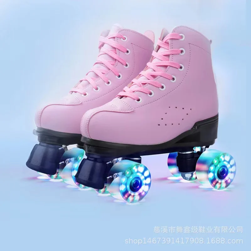 PU Roller Skates Shoes for Men and Women, 4 Flash Wheels, 2 Row, Double Line Sliding, Quad Training Sneakers, Beginners