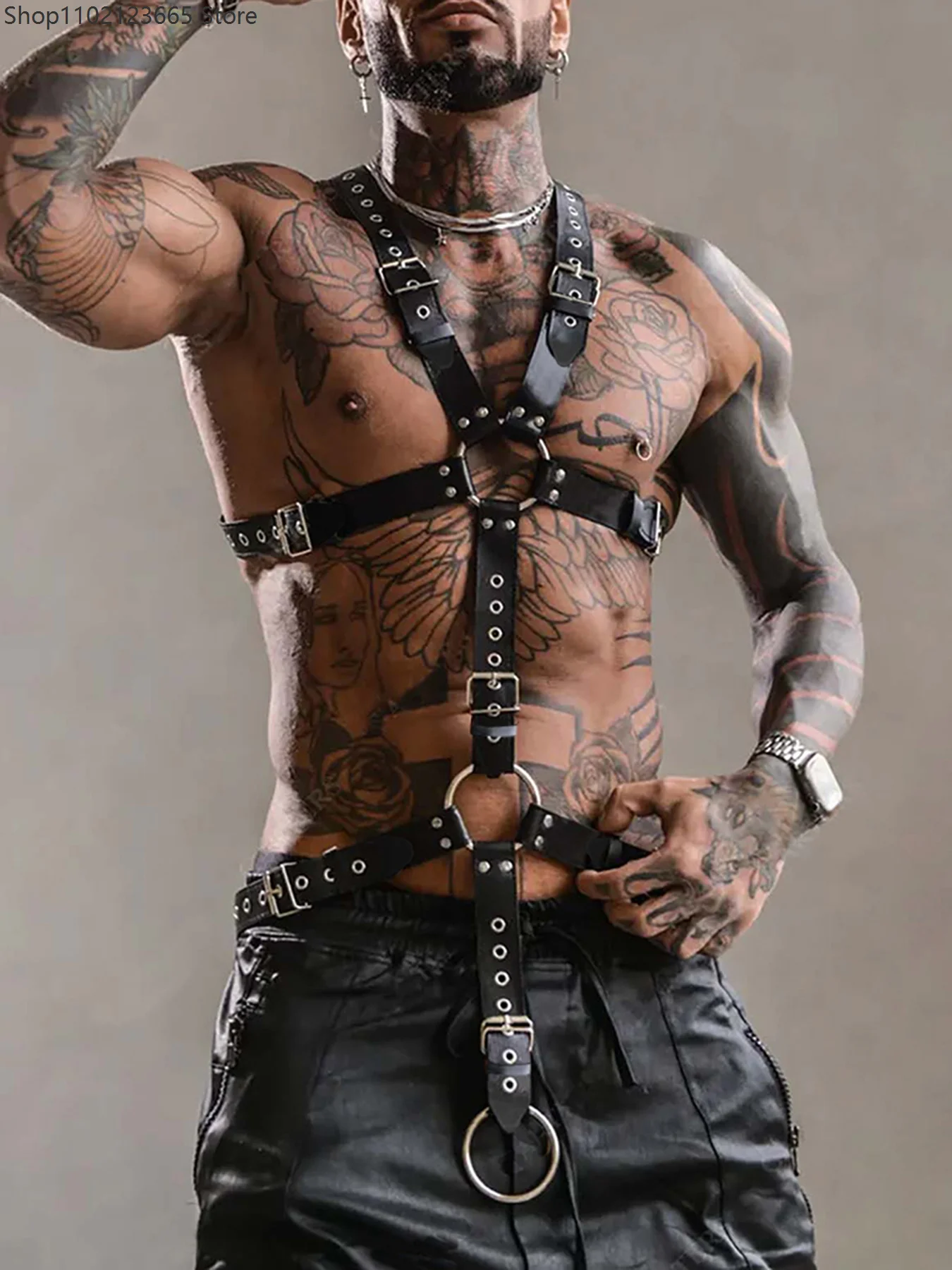 Imbracatura in pelle regolabile da uomo, stile Goth Punk, per cosplay, cintura pettorale con cinghie e O-ring, accessori per festival e rave. - immagine 2