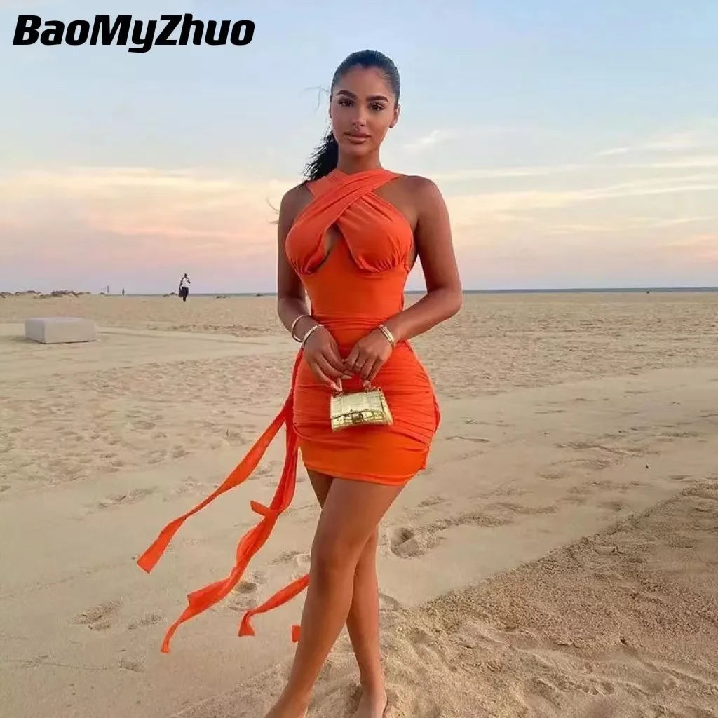 summer Sexy Beach Dress For Women 2022 White Bandage Ruched Orange Mini Dresses Ladie Sleeveless Bodycon Dress Club Rave Outfit