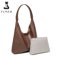 FOXER Women‘s Shoulder Bag Fashion Tote Lady Classic Split Leather+Microfiber Handbag Set Large Casual Hobo Purse Summer Gift - Image 2