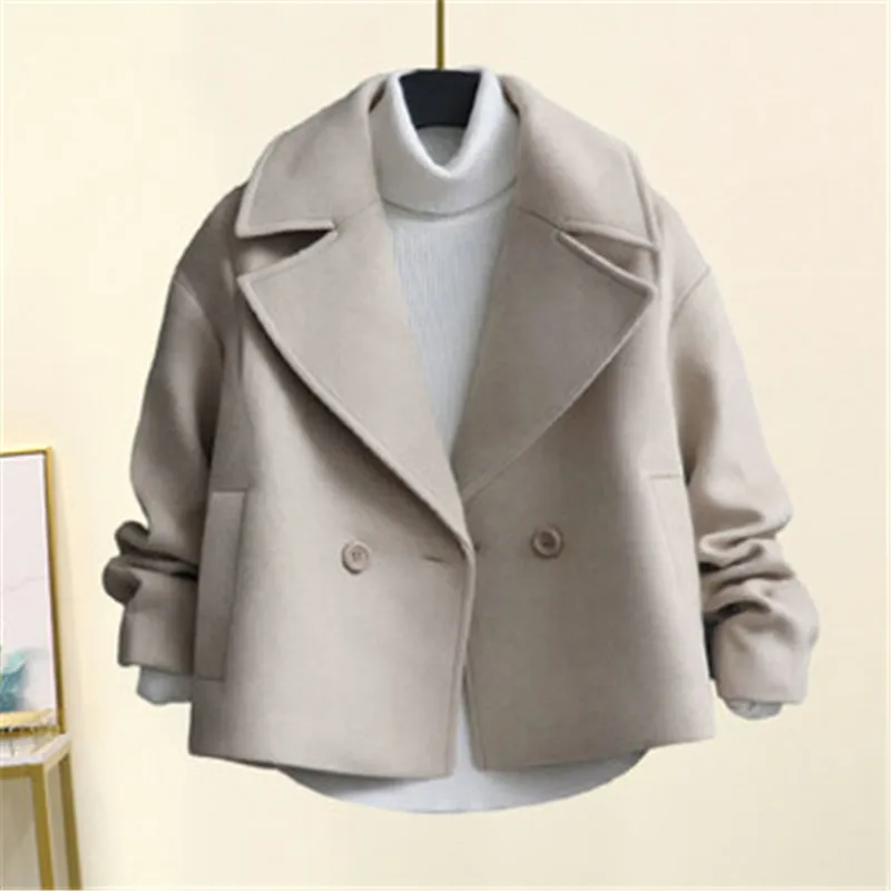 

Woolen Jacket Women's Spring Autumn New Korean Version of Solid Color Slim Long-sleeved Lapel Short Coat Fashion Commuting 2023
