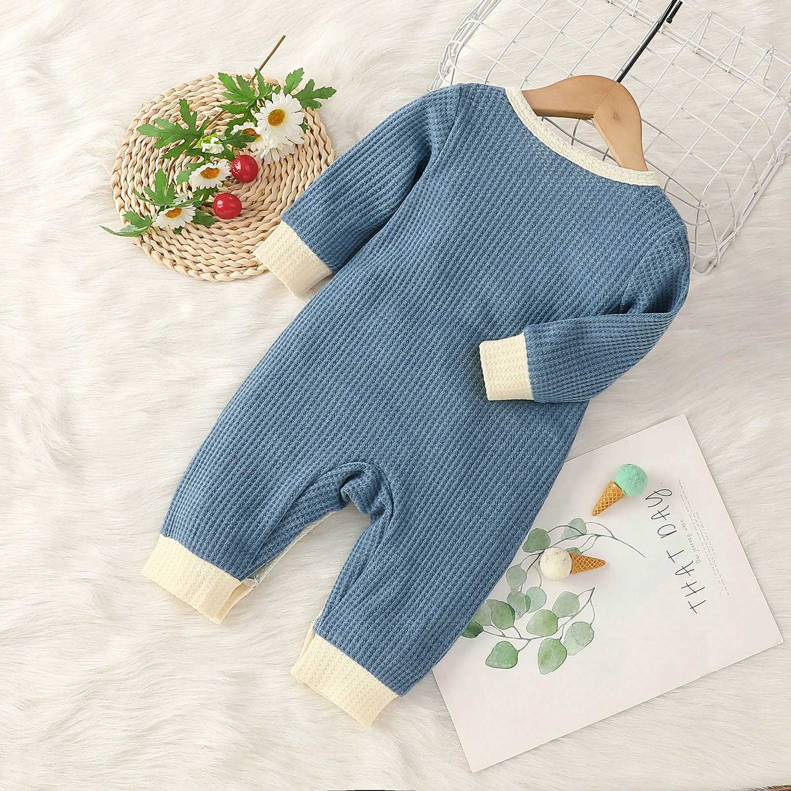 Newborns Jumpsuit Splicing Color Round Neck Long Sleeves Knitted Waffle Rompers With Buttons