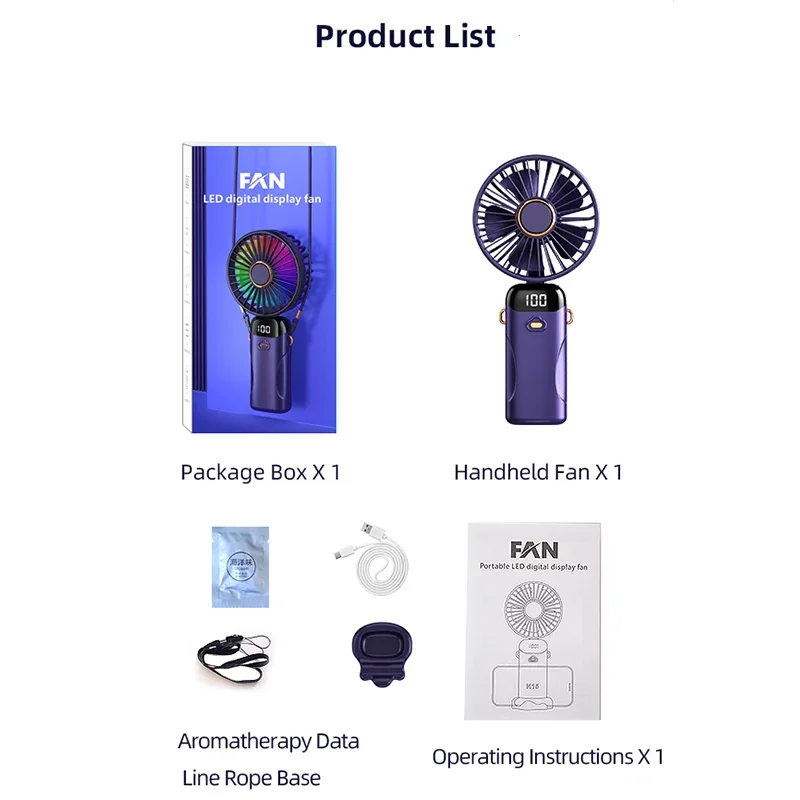 Handheld Mini LED Fan Foldable Portable Desk Outdoor Neck Hanging 6 Speed Colorful Rechargeable Fan Phone Stand Display Screen