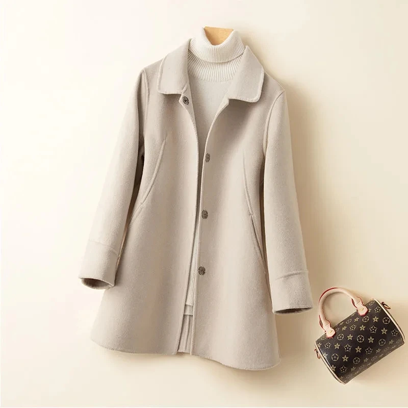 

2023 Autumn Winter Coat Women Clothes Woolen Jacket Single-Breasted Double-Sided Long Cashmere Black Red Beige Outerwear Female