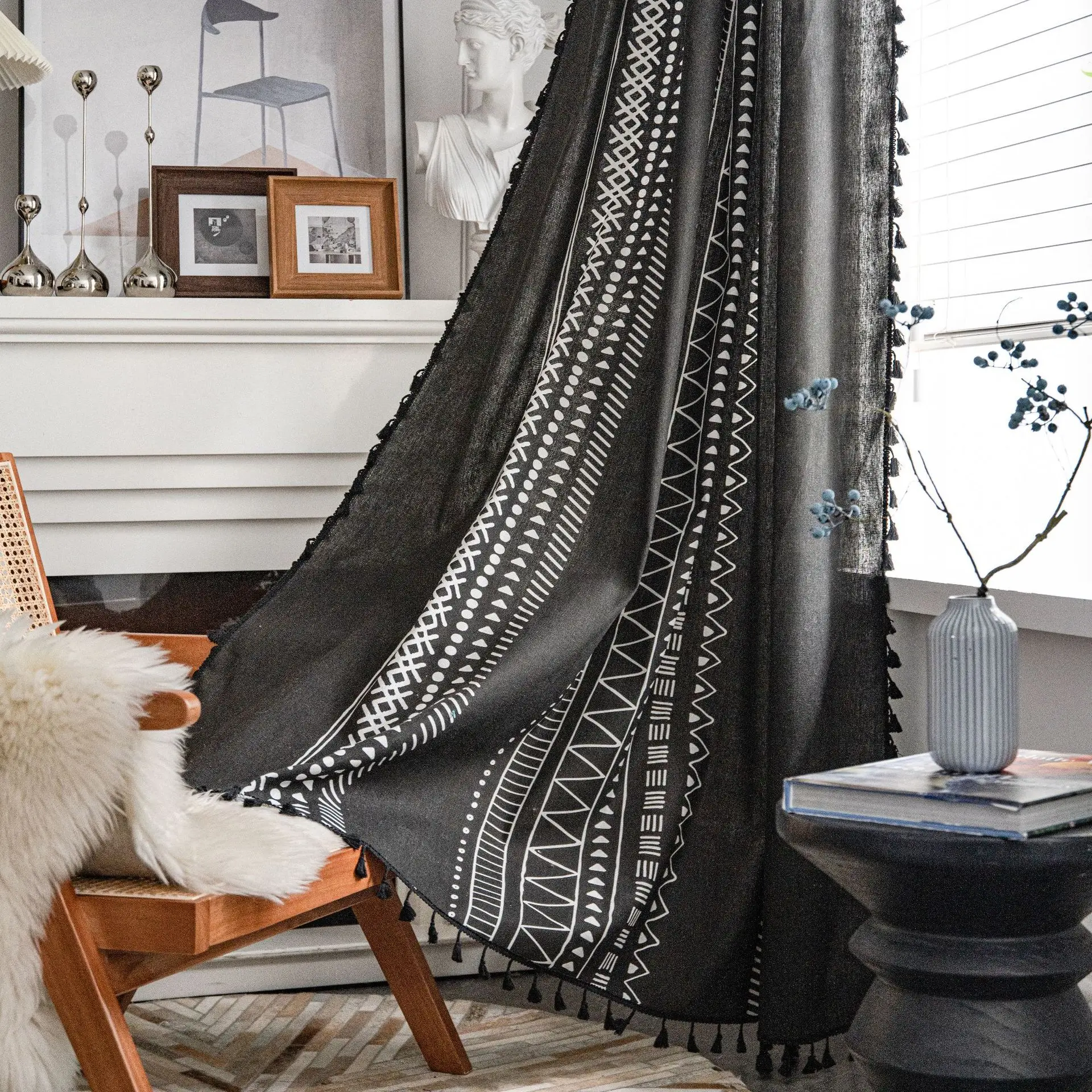 

Black Jacquard Geometric Curtain Bottom Tassel American Country Style Semi-Shading Fringe Bohemian Kitchen Curtain Living Room