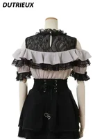 Sweet Cute Girls Short Sleeve Tops Japanese Style Mine Mass-Produced 2025 Summer Kawaii Slimming Lace Off-Shoulder Shirt - Image 3