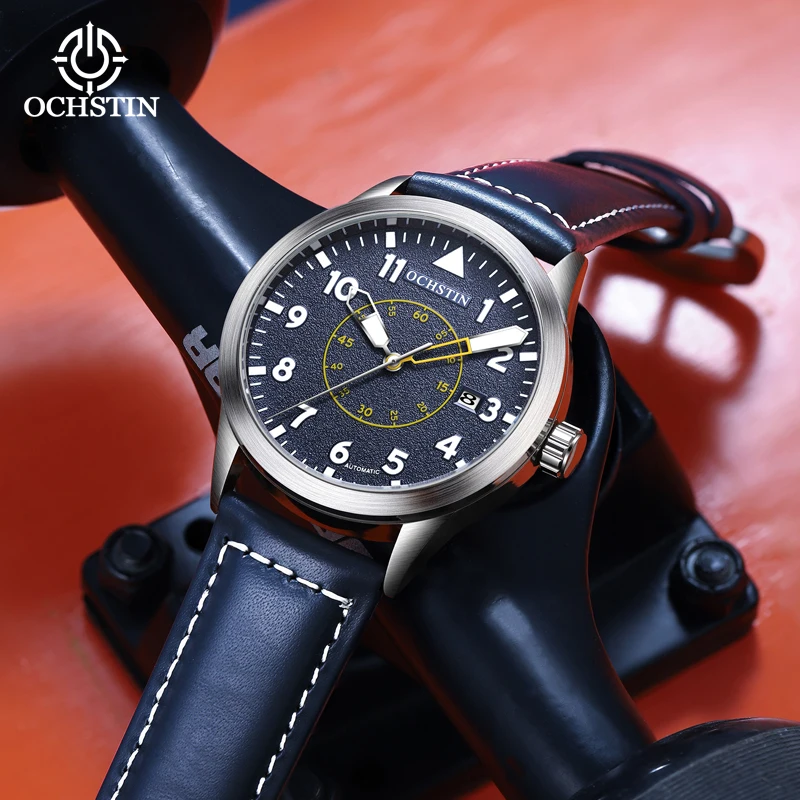 Gift New Fashion Men Sports Mechanical Watches Male Luxury Leather Strap Yellow Dial Automatic Military Wristwatch OCHSTIN