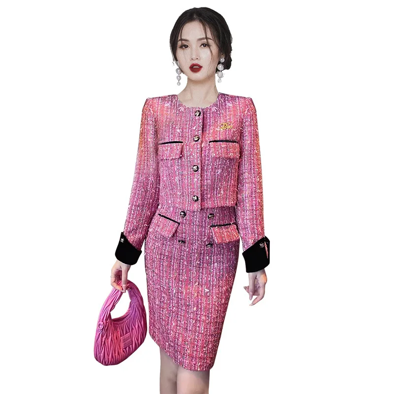 

Women's autumn/winter tweed pink short jacket+hip wrap skirt 2 pcs set 2024 new small fragrant fashion set