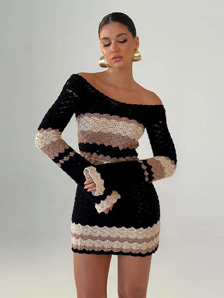 

Vintage Women Striped Contrast Knitted Mini Dress Fashion Long Sleeve Off Shoulder Slim Robes 2024 Elegant Commuting Vestidos