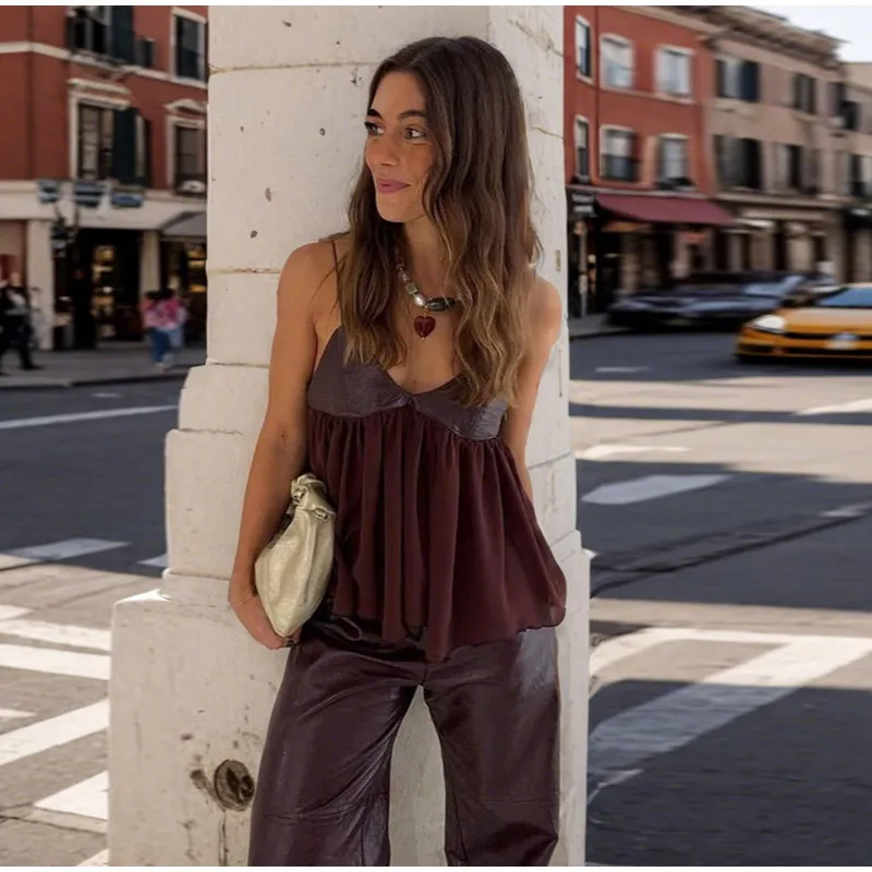 Description Picture 3 of itemPU Leather Patchwork Halter Top Female V-Neck Backless Vest Pleated Loose Casual Camisole Lady Beach Bikini Suspender Waistcoat