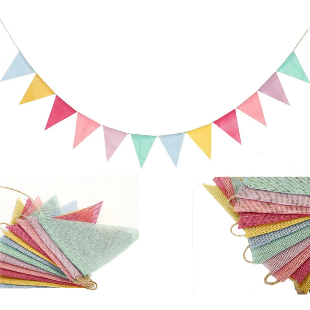Bunting Flags Pennant Vintage Colorful Burlap Linen for Birthday Party Wedding Decoration