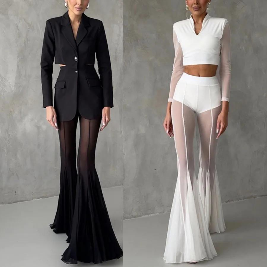 BKLD 2025 Spring Summer New Elastic Slim Fit Flare Pants Y2k Clothes Women Loose Fashion Holiday Vacation Outfits Mesh Pants