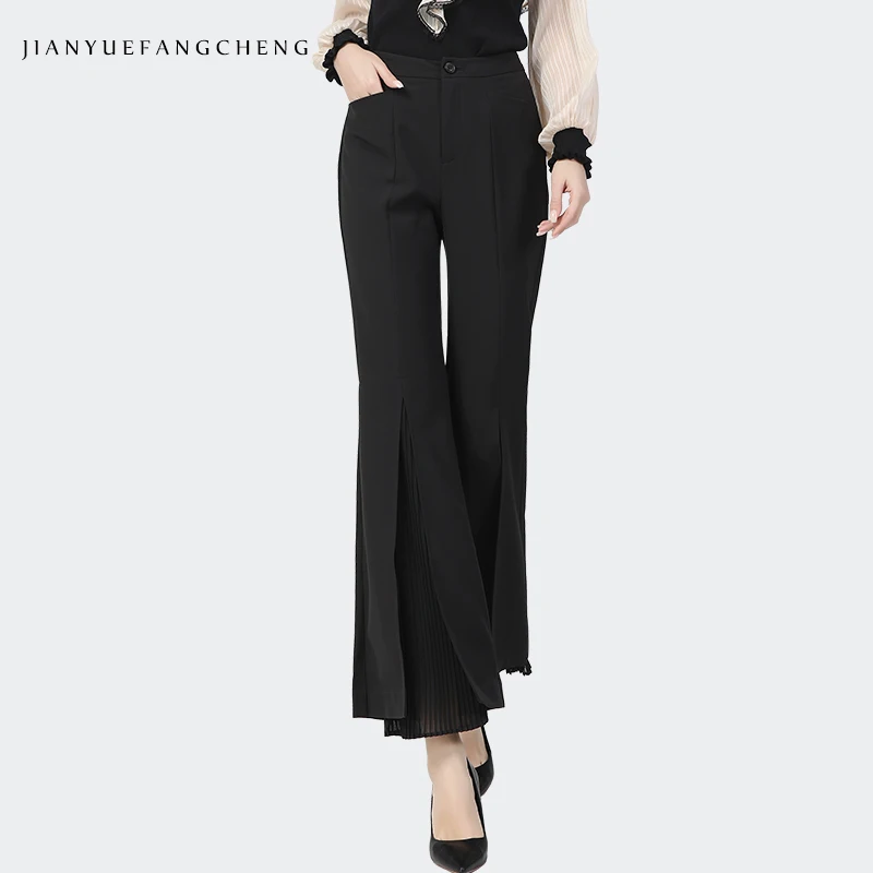 

Женские Весенние Новые повседневные черные укороченные брюки с высокой талией облегающие микро расклешенные брюки с разрезом элегантные офисные женские брюки