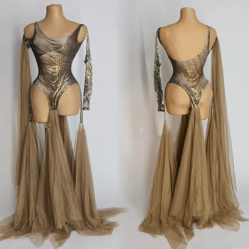 

Женское боди с асимметричным рукавом и блестками, сетчатый костюм с бахромой, праздничный костюм для ночного клуба, костюм Dj Drag Queen, танцевальная одежда Gogo SL7254