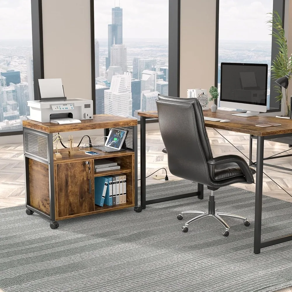 lateral file cabinet, locking office filing cabinets with socket and usb charging port, modern rolling printer stand with stora