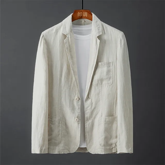 Пиджак мужской однотонный, приталенный жакет, повседневный деловой Тонкий, Воздухопроницаемый Белый костюм из хлопка и льна, весна-лето 1