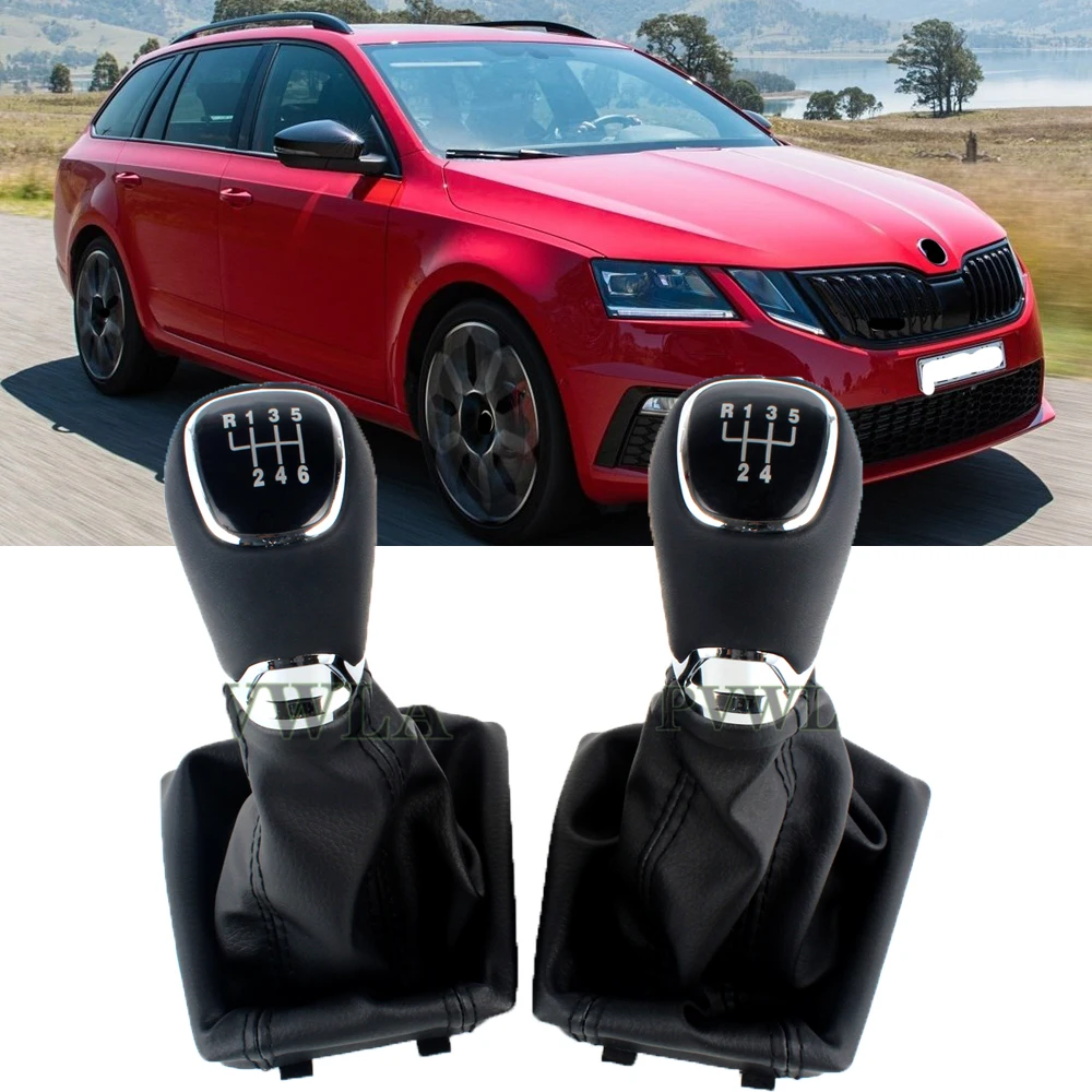 Car Shift Gear Knob Lever Gaitor Boot Cover Accessories Chrome & Leather Skoda Octavia A7 MK3 2014 2015, car gear shift knob,automatic gear dust cover