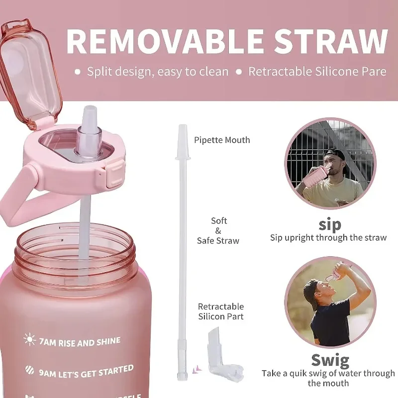 Large Capacity Sports Water Bottle with Straw and Time Marker