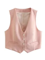 Willshela Women Fashion Two Piece Set Pink Tank Tops & Straight Leg Pants Vintage V-Neck Single Breasted Female Chic Pants Suit - Image 2