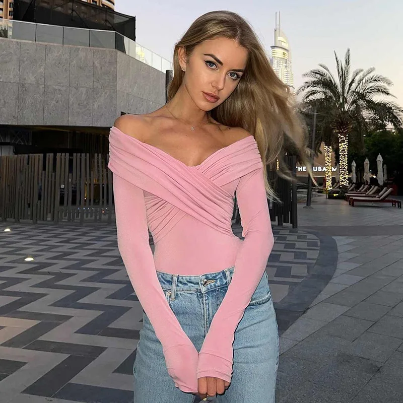 V-Neck Summer Patchwork T-shirt Cropped Top For Women Fashion Mesh Long Sleeve Sexy Off-Shoulder Female Y2k Top Tee 2025