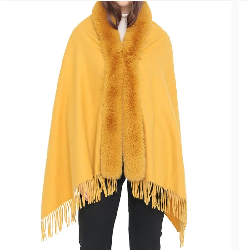 Winter Imitation Wool Collar Cloak Scarf Dual-purpose Female Imitation Cashmere Shawl  Ponchos Lady Capes Cloak Yellow Cardigan large plaid tassel scarf shawl women s winter dual use knitted wool thickened to keep warm