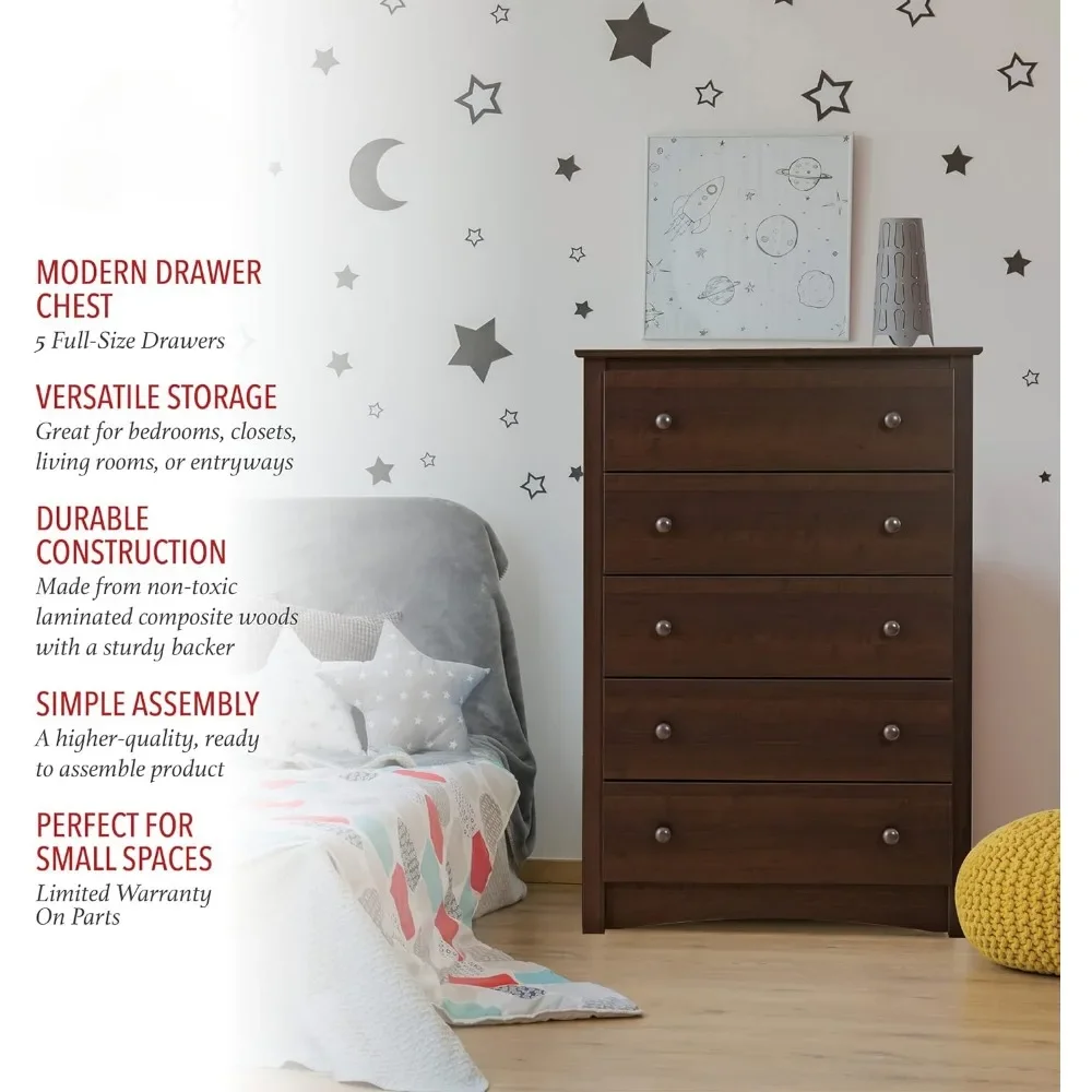 Superior 5-Drawer Chest for Bedroom - Spacious and Stylish Chest of Drawers, Measuring 16"D x 31.5"W x 45.25"H, Espresso Finish 6