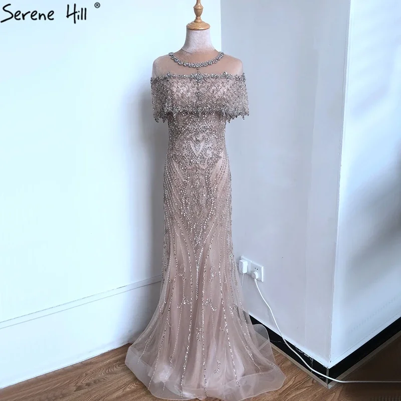Nude Diamond Sequins Luxury Evening Dresses Long 2025 Dubai Short Sleeves Mermaid Formal Gown Customize BLA70519 4