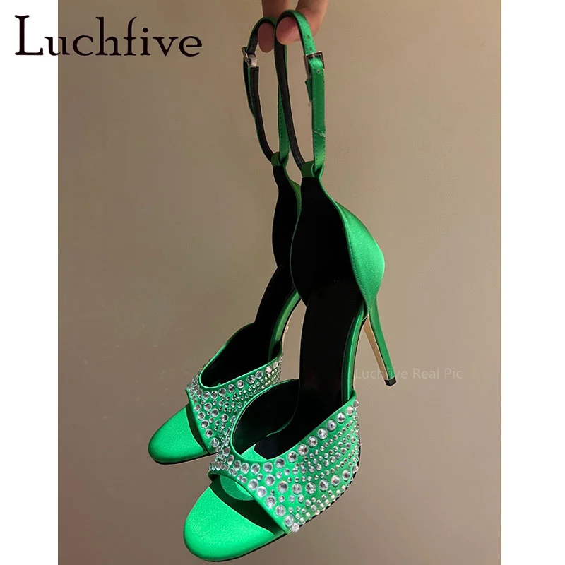 

2023 Summer New Crystal Buckle Foot Ring Wrap Heel Sandals Silk Genuine Leather Peep Toe High Heel Shoes