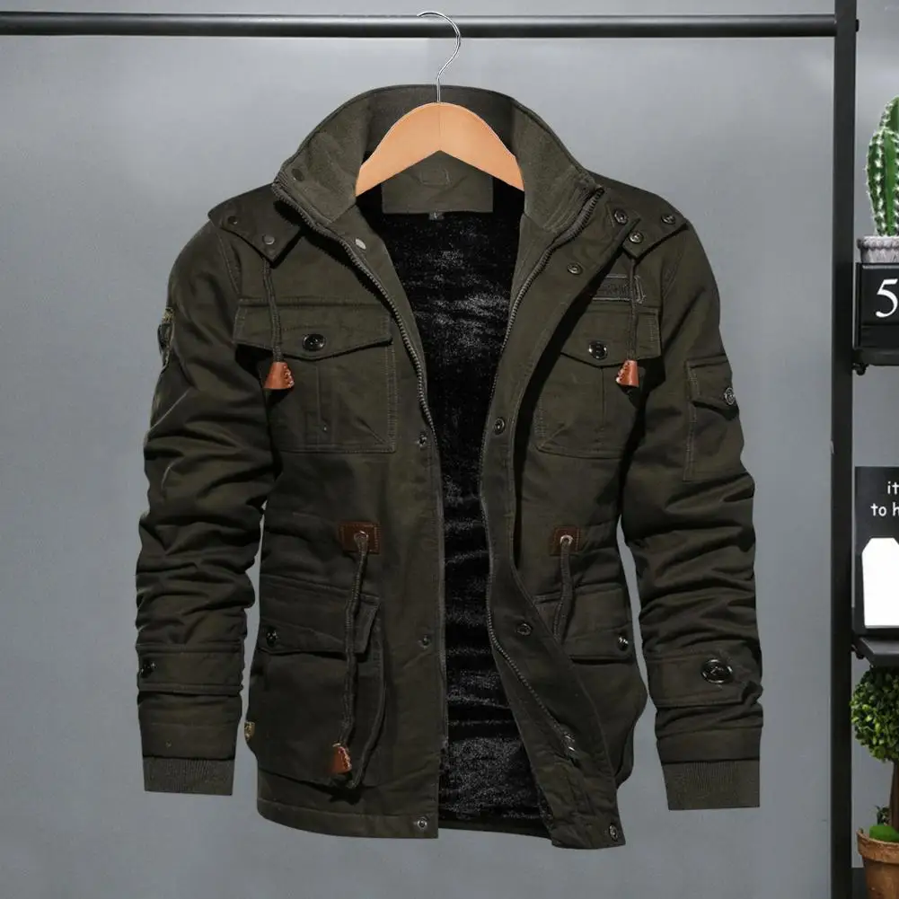 

Men Winter Jacket with Multiple Pockets Zipper & Button Closure Thickened Plush Inner Oversize Tactical Cotton Coats Windproof K